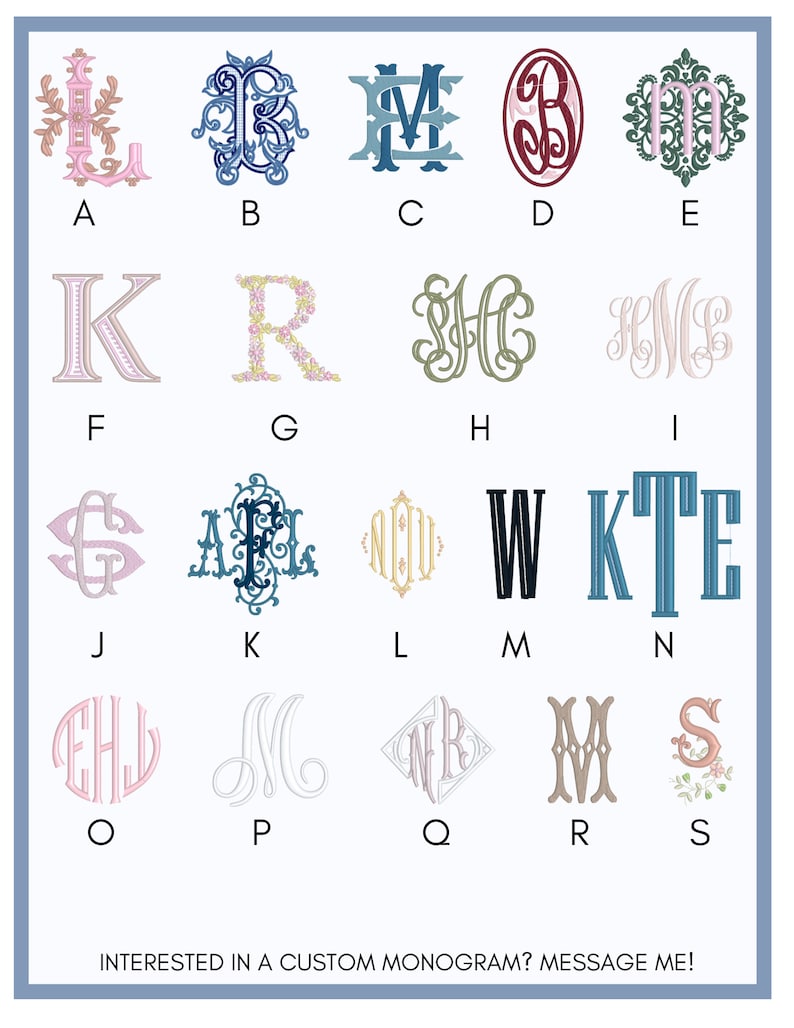 May include: A chart of 20 different monogram designs, each with a letter of the alphabet. The monograms are in various colors and styles, including floral, script, and traditional.