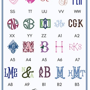 May include: A chart of 36 different monogram designs, each with a unique font and style. The designs are arranged in a grid with letters and numbers labeling each design.