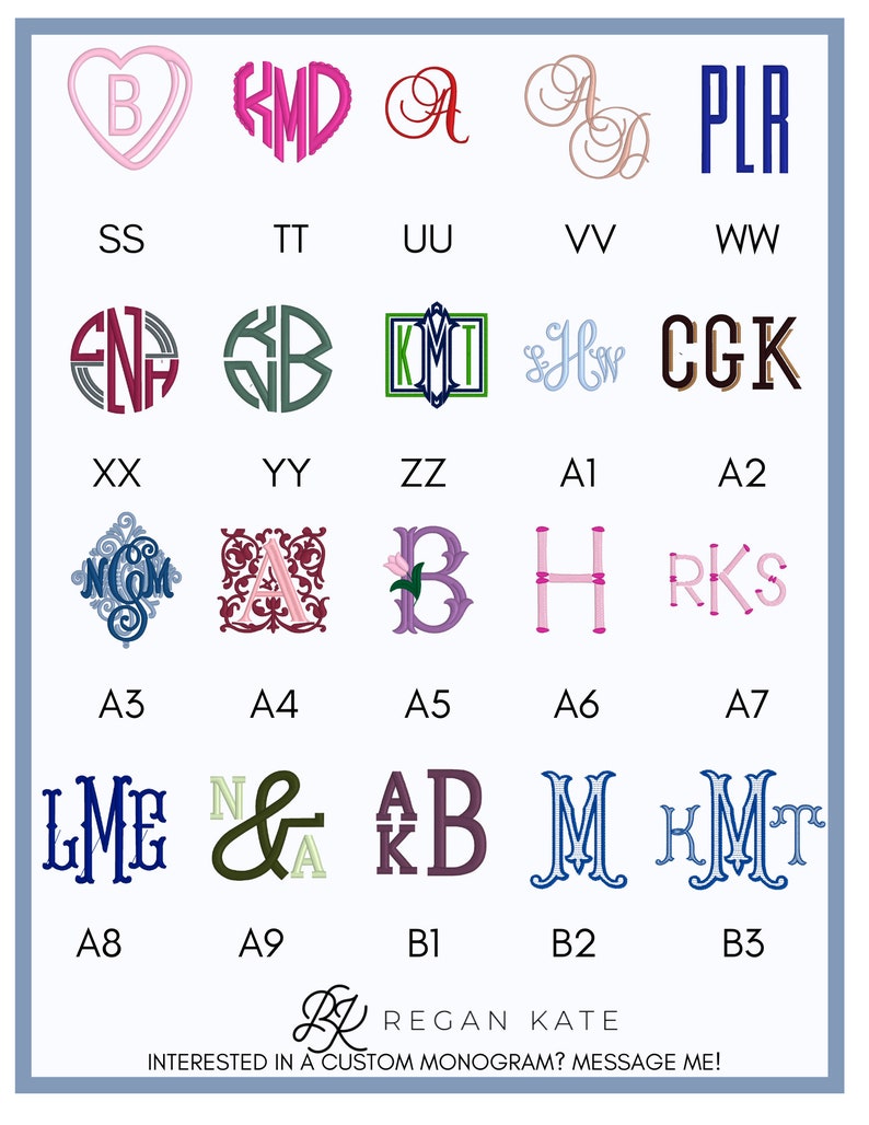 May include: A chart of 36 different monogram designs, each with a unique font and style. The designs are arranged in a grid with letters and numbers labeling each design.