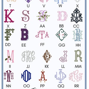 May include: A chart of 26 different monogram designs, each with two or three letters. The letters are in various colors and styles, including script, block, and floral. The chart is on a light blue background with the text "REGAN KATE" and "INTERESTED IN A CUSTOM MONOGRAM? MESSAGE ME!" at the bottom.