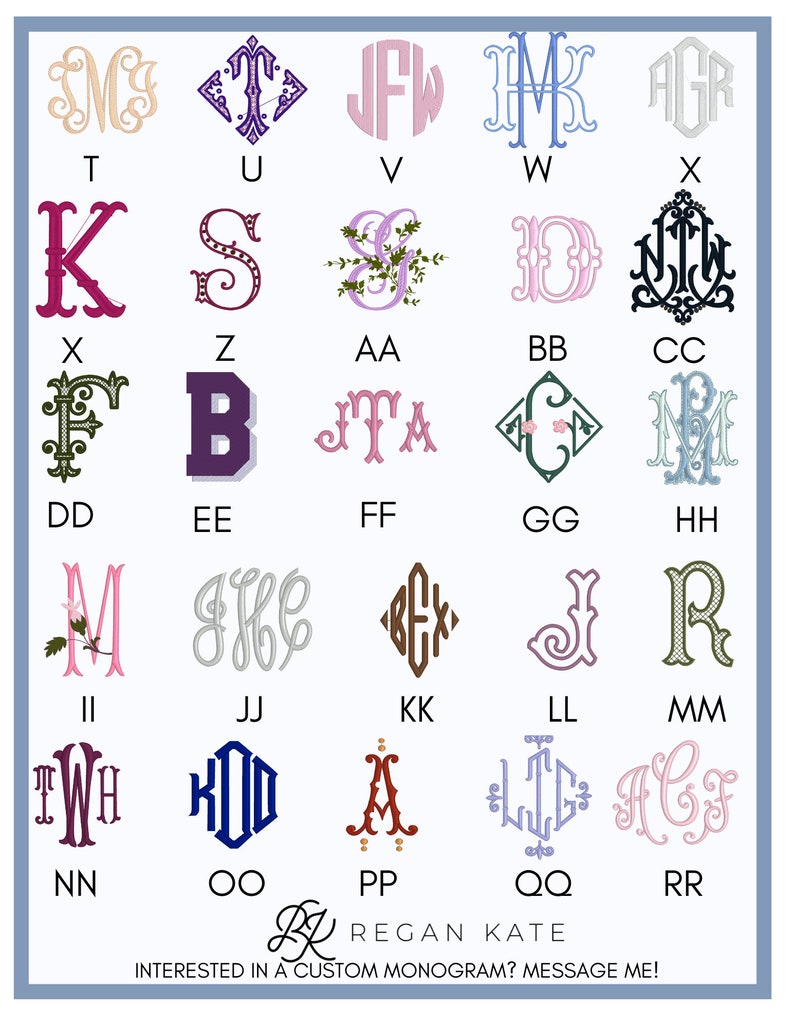May include: A chart of 26 different monogram designs, each with two or three letters. The letters are in various colors and styles, including script, block, and floral. The chart is on a light blue background with the text "REGAN KATE" and "INTERESTED IN A CUSTOM MONOGRAM? MESSAGE ME!" at the bottom.