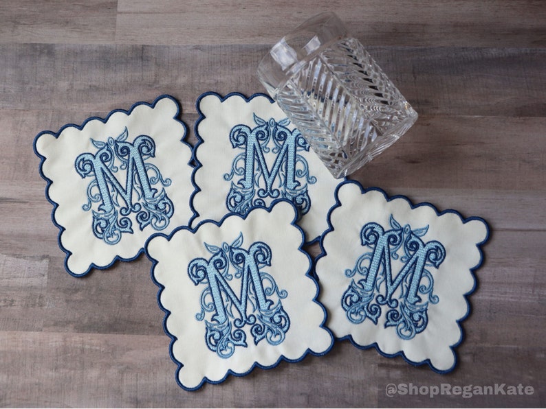 Scallop Personalized Cocktail Napkin, Monogram cocktail napkin, Grand Millennial Decor, Gift for her, Engagement Gift, Cotton Anniversary
