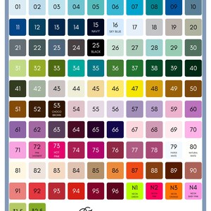 May include: A chart of 96 thread colors, numbered 01 to 96, with the names of some colors listed below the squares. The colors are arranged in rows and columns, with a variety of shades and hues. The chart is labeled "THREAD COLORS" at the top.