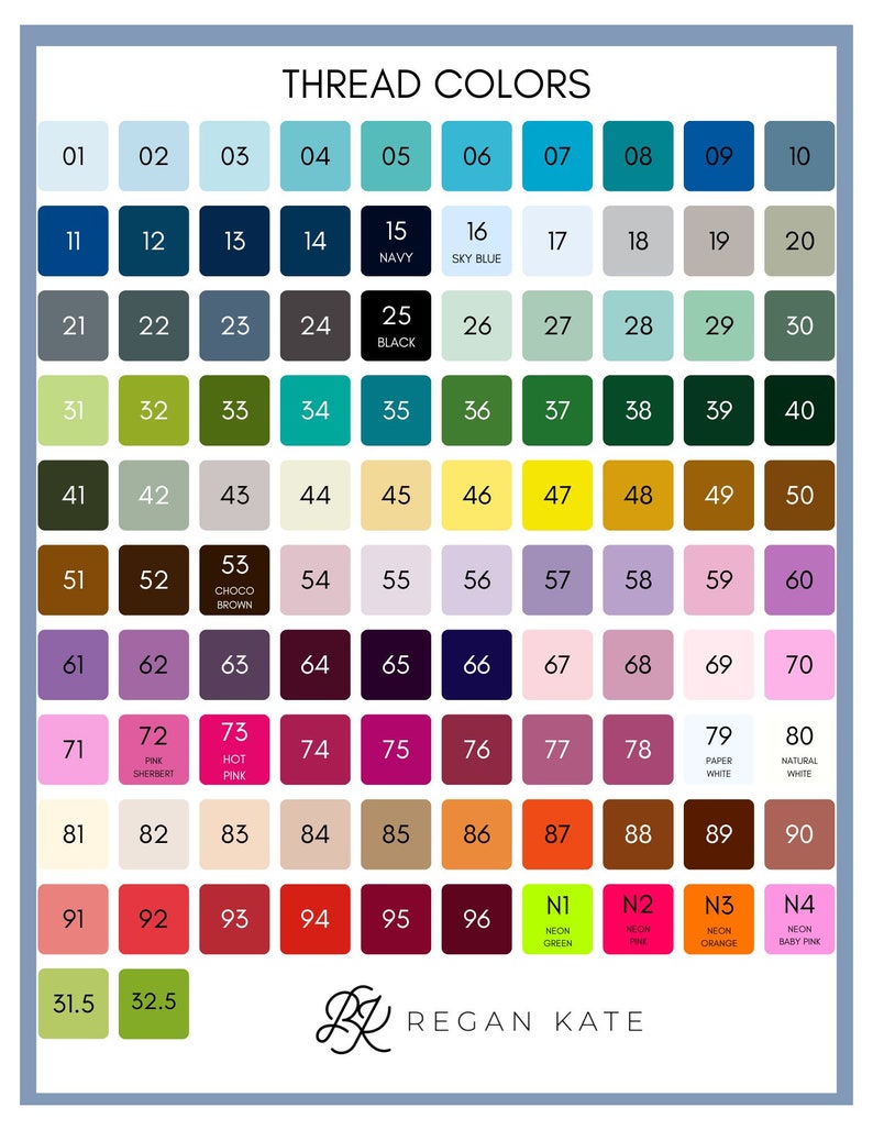 May include: A chart of 96 thread colors, numbered 01 to 96, with the names of some colors listed below the squares. The colors are arranged in rows and columns, with a variety of shades and hues. The chart is labeled "THREAD COLORS" at the top.