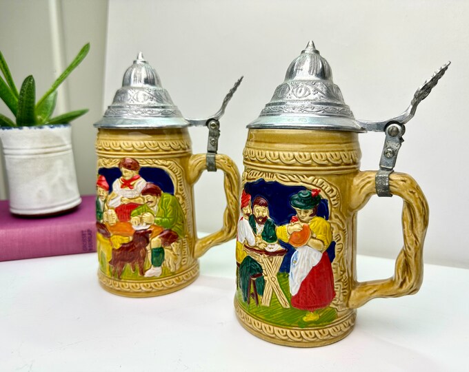 Vintage German Beer Stein With Lid, Pair of Vintage German Beer Steins