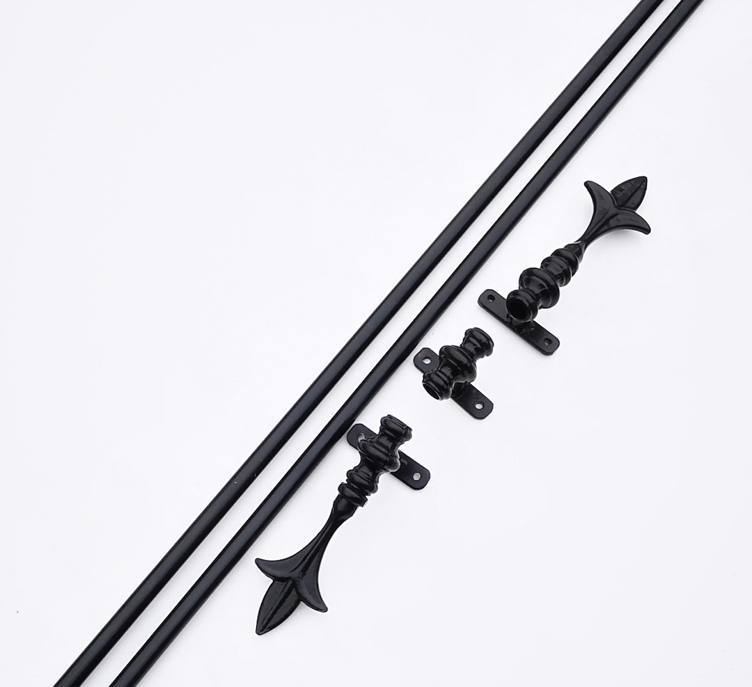 Metal Curtain Pole With Ends Wrought Iron, Black Powder Coated Fleur De