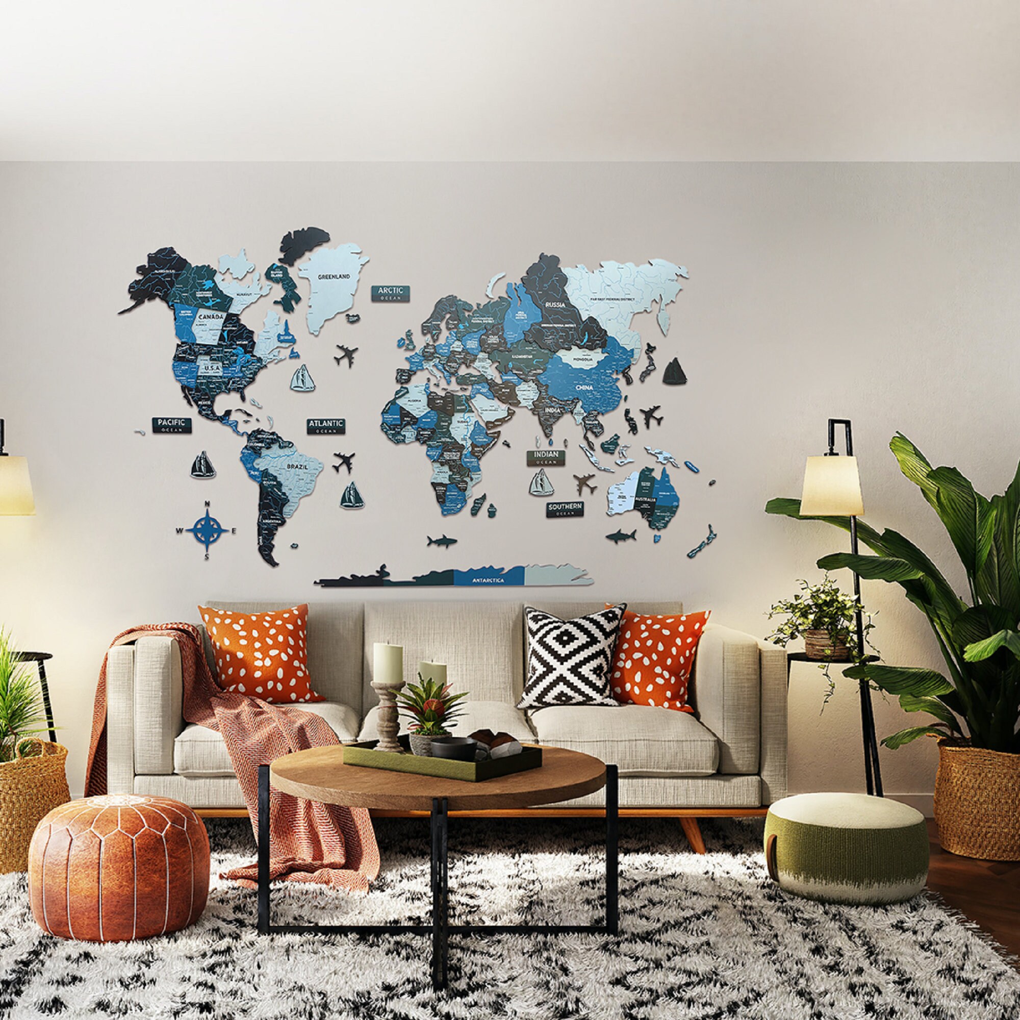 3D World Map Décor Wood Wall Map Large Map for Wall Large Travel Décor
