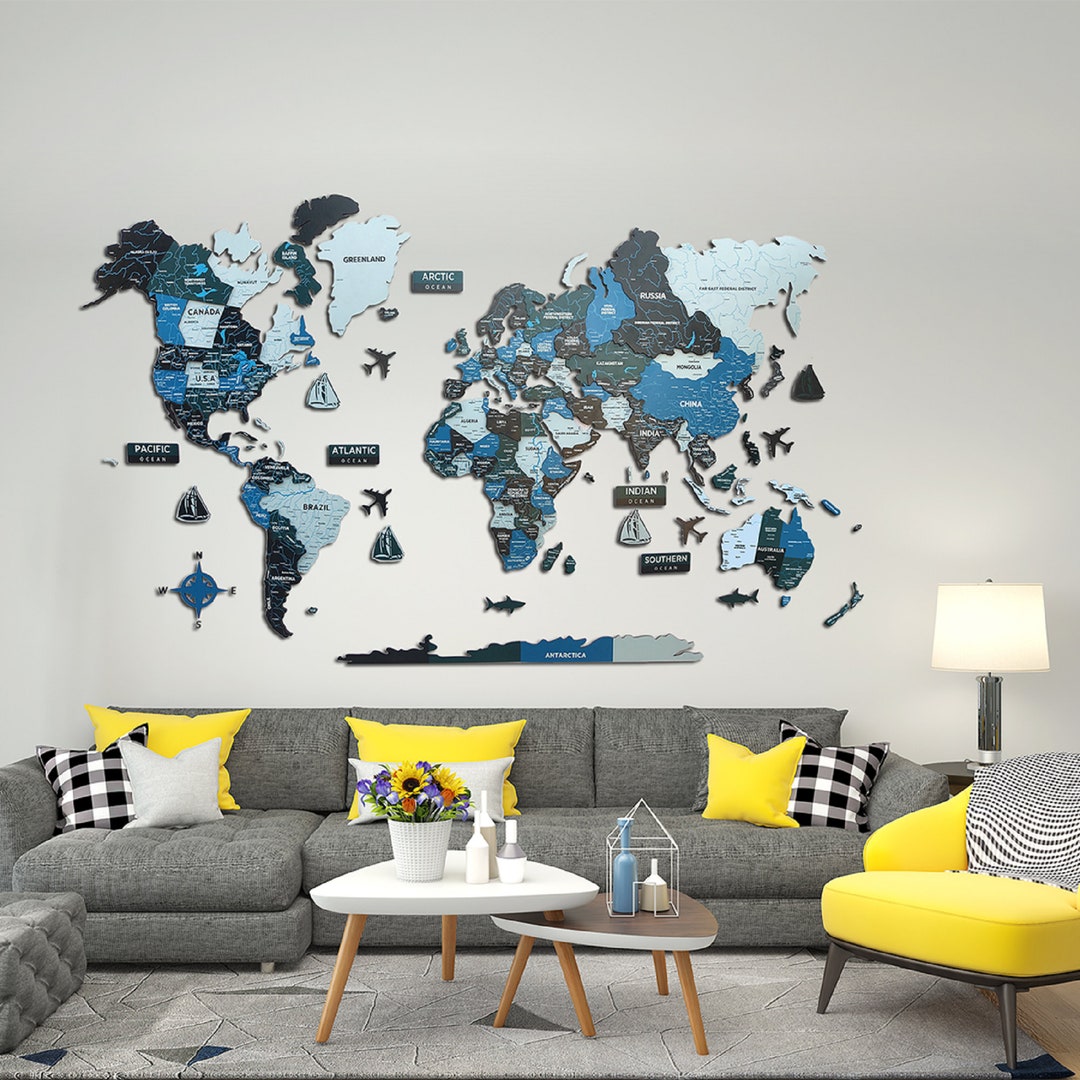 3D World Map Décor Wood Wall Map Large Map for Wall Etsy
