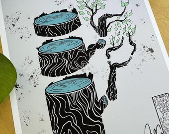 Tree Wall Art, Tree Cross Section Illustration, Nature Decor, Tree Slices Art Print, Nature Lover Gift, Black and Blue Art