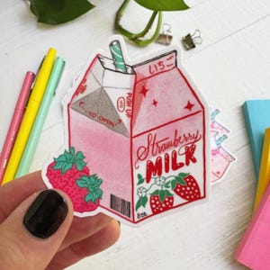 Strawberry Milk Sticker, Japanese Style, Waterproof Vinyl Decal, Pink Milk Carton Sticker, Strawberry Lover Gift, Cute Kawaii Stickers