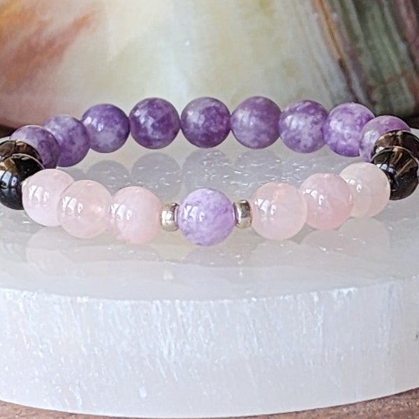 Breast Cancer Survivor Gemstone Bracelet ~ Lavender Amethyst, Rose Quartz, Smoky Quartz, Lepidolite