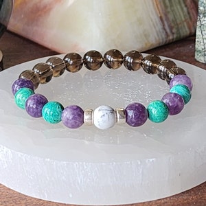 Suicide Awareness Bracelet ~ Howlite, Lepidolite, Turquoise Green Jasper, Smoky Quartz (8mm beads)