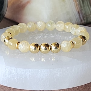 Childhood Cancer Awareness Bracelet | Handmade | Honey Calcite Stones | 14kt Gold Accents | Positive Energy | Optimism | Clarity | 8mm Beads