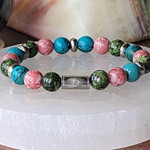 Metastatic Breast Cancer Awareness | Norwegian Thulite, Chrome Diopside, Chrysocolla, Stainless Steel Sun Star Bead | Hope ~ Love ~ Courage