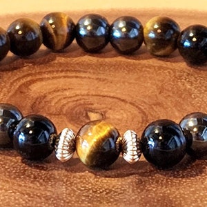 Strength ~ Tiger’s Eye, Onyx and Hematite Natrual Gemstone Stretch Bracelet (8mm beads)