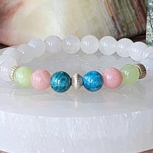 Metastatic Breast Cancer Awareness Bracelet 2 ~ Teal Apatite, Pink Opal, Green Calcite, Rose Quartz (8mm beads)