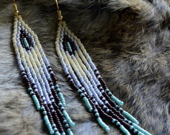 Blue Silver Long Fringe Seed Bead Earrings, Long Length Beaded Earrings, Handmade Gifts, Indigenous Jewelry, Beaded Artisan Jewelry, Boho