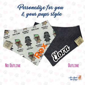 May include: Two dog bandanas, one with a Star Wars theme and the other plain black. The Star Wars bandana has a white background with black and green illustrations of characters from the movie. The text "Rex" is written in orange on the Star Wars bandana. The plain black bandana has the text "Elora" written in white. Both bandanas have a small brown tag with the text "All About the Dogs".