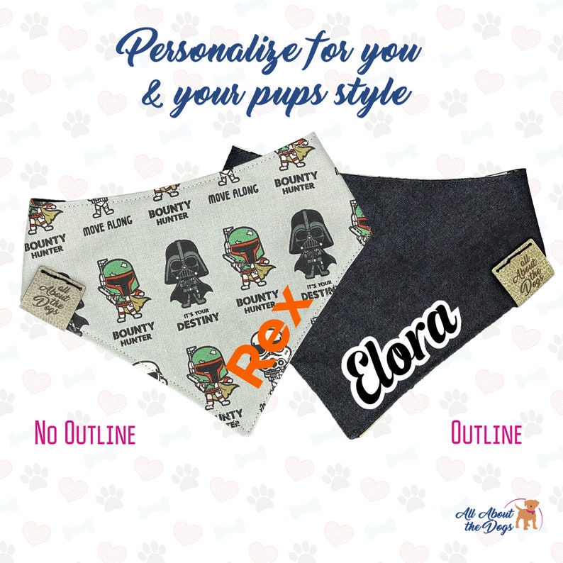 May include: Two dog bandanas, one with a Star Wars theme and the other plain black. The Star Wars bandana has a white background with black and green illustrations of characters from the movie. The text "Rex" is written in orange on the Star Wars bandana. The plain black bandana has the text "Elora" written in white. Both bandanas have a small brown tag with the text "All About the Dogs".