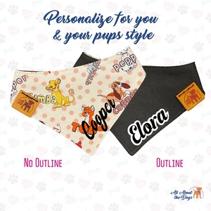 May include: Two dog bandanas, one with a pink and white polka dot pattern featuring cartoon characters and the name "Cooper" in black, and the other a solid black bandana with the name "Elora" in white. The bandanas are shown against a white background with the text "Personalize for you & your pups style" above them.