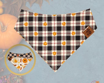 Black and White Plaid Dog Bandana Fall, Autumn Dog Bandana Personalized, Dog Scarf Name, Pumpkin Dog Bandana With Snaps, New Puppy Bandana