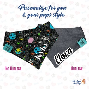May include: Two dog bandanas, one with a black background and a Star Wars themed print, the other a solid grey with the name "Elora" in white. Both bandanas have a small blue tag with the text "All About the Dogs".