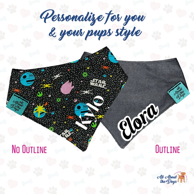 May include: Two dog bandanas, one with a black background and a Star Wars themed print, the other a solid grey with the name "Elora" in white. Both bandanas have a small blue tag with the text "All About the Dogs".