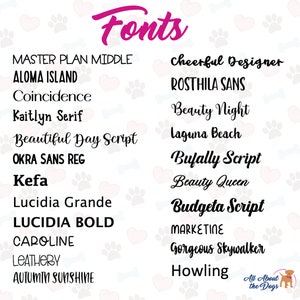 Pu&ograve; includere: Un grafico che mostra vari stili di carattere in testo nero su sfondo bianco, decorato con cuori rosa e impronte di zampe. La parola "Fonts" &egrave; in corsivo rosa in alto. I nomi dei caratteri includono "Master Plan Middle" e "Cheerful Designer".