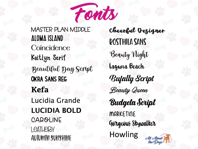 Pu&ograve; includere: Un grafico che mostra vari stili di carattere in testo nero su sfondo bianco, decorato con cuori rosa e impronte di zampe. La parola "Fonts" &egrave; in corsivo rosa in alto. I nomi dei caratteri includono "Master Plan Middle" e "Cheerful Designer".