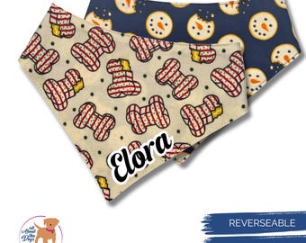 Personalized Dog Bandana for Winter: Reversible with Snowman Sugar Cookies and Snap Closure