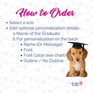 Pode incluir: Como encomendar um presente de gradua&ccedil;&atilde;o personalizado para um c&atilde;o. A imagem mostra um dachshund usando um chap&eacute;u de formatura e uma lista de op&ccedil;&otilde;es de personaliza&ccedil;&atilde;o, incluindo nome, fonte, cor da fonte e contorno.
