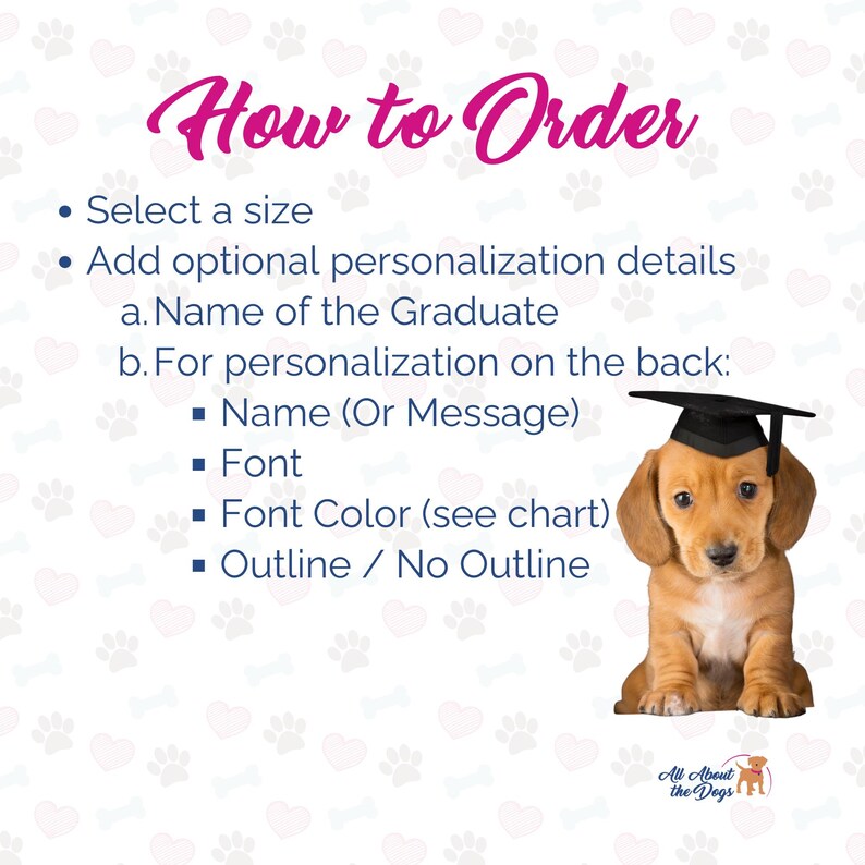 Pode incluir: Como encomendar um presente de gradua&ccedil;&atilde;o personalizado para um c&atilde;o. A imagem mostra um dachshund usando um chap&eacute;u de formatura e uma lista de op&ccedil;&otilde;es de personaliza&ccedil;&atilde;o, incluindo nome, fonte, cor da fonte e contorno.