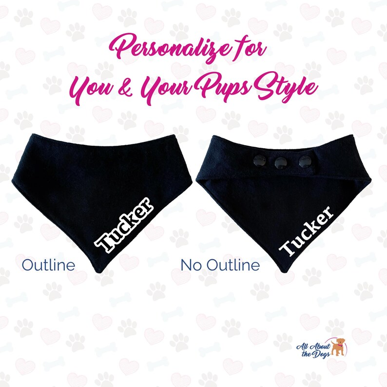 May include: Two black dog bandanas with the name "Tucker" embroidered in white. One bandana has an outline around the text and the other does not. Both bandanas have snap closures.