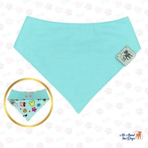 May include: A turquoise dog bandana in a triangular shape. A small tag is attached on the right side. A smaller bandana with a cartoon design is in the lower left corner. The background has paw prints.