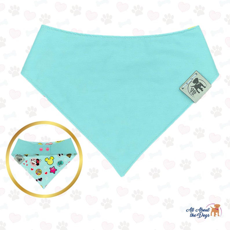 May include: A turquoise dog bandana in a triangular shape. A small tag is attached on the right side. A smaller bandana with a cartoon design is in the lower left corner. The background has paw prints.