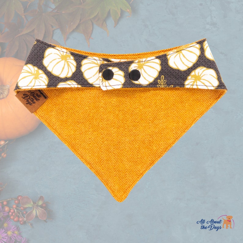 May include: A reversible dog bandana with a fall theme. The top layer features a dark grey fabric with white pumpkin illustrations. The bottom layer is a textured orange fabric. The bandana has black snap closures and a tag that says "All About the Dogs."