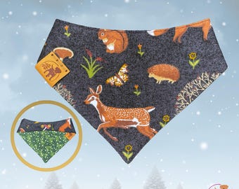 Dark Blue Navy Dog Bandana Personalized, Fox Cottagecore Pattern with Mushrooms, Custom Bandana with Snaps and Reversible, Dog Mom Gift