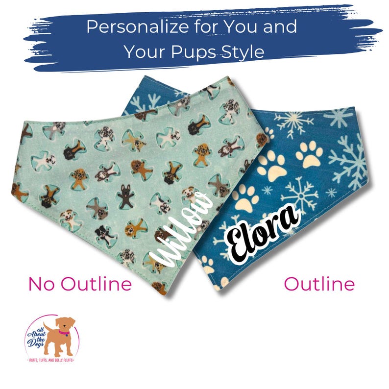 K&ouml;nnte beinhalten: Zwei personalisierte Hunde-Bandanas. Eines ist hellblau mit Hundeillustrationen und dem Namen "Willow". Das andere ist dunkelblau mit Pfotenabdr&uuml;cken und Schneeflocken, mit dem Namen "Elora". Der Text lautet "Personalize for You and Your Pups Style".