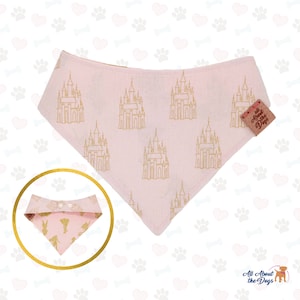Reversible Pink and Gold Disney Princess Dog Bandana, Snap Closure, Handmade Cotton Pet Accessory, Disney Castle Dog Outfit, Cute Pet Gear