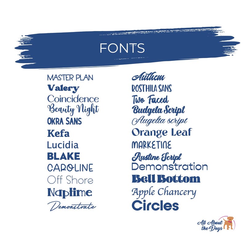 K&ouml;nnte beinhalten: Eine Grafik mit dem Wort "FONTS" in wei&szlig;er Schrift &uuml;ber einem dunkelblauen Pinselstrich. Darunter sind verschiedene Schriftartennamen in einer Mischung aus Stilen aufgef&uuml;hrt, darunter "MASTER PLAN", "Valery" und "Circles".