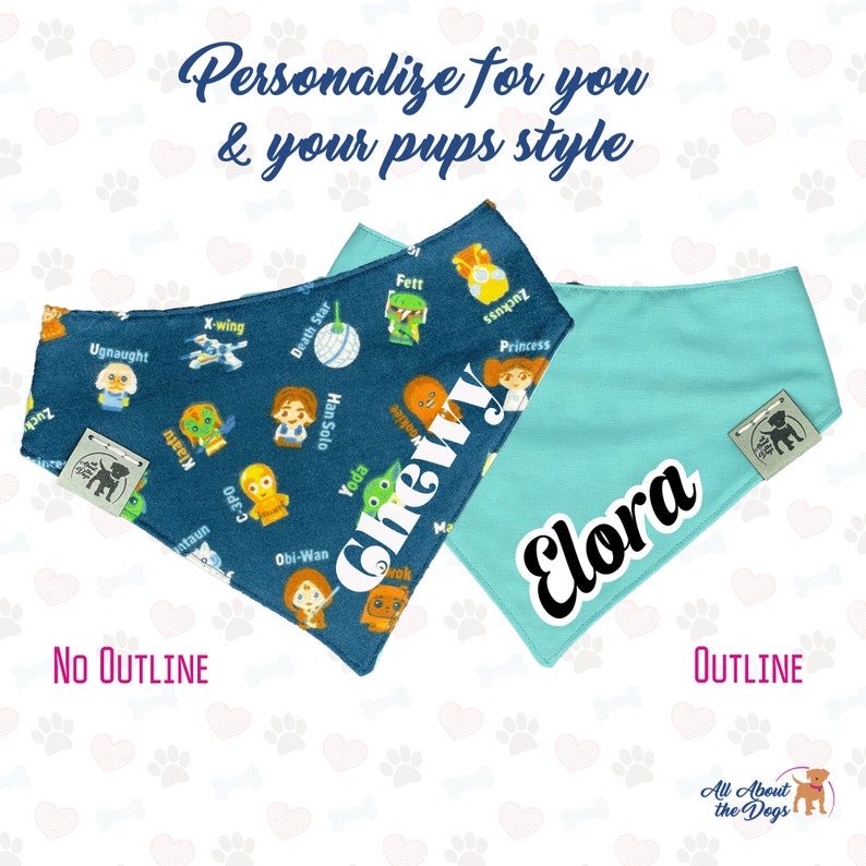 May include: Two dog bandanas, one blue with a Star Wars theme and the name "Chewy" printed on it, and one light blue with the name "Elora" printed on it. The bandanas are shown against a white background with paw prints.