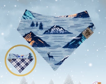 Camping Dog Bandana, Dog Bandana Mountains, Winter Dog Bandana with Snaps, Blue Plaid Dog Scarf, Blue Plaid Flannel Dog Bandana Personalized