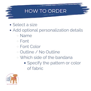 Pu&ograve; includere: Grafica bianca con il testo "HOW TO ORDER" in blu navy. Le istruzioni includono la selezione di una taglia, l'aggiunta di dettagli di personalizzazione come nome, carattere e colore e la specifica del motivo o del colore del tessuto. Un logo di cane in basso.