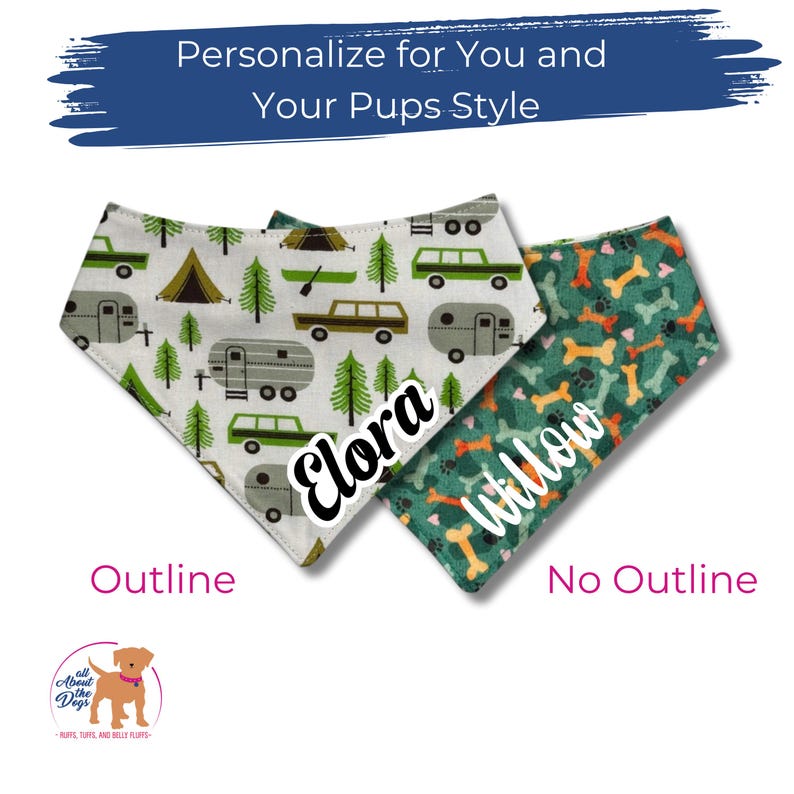 Op de afbeelding: Twee gepersonaliseerde hondenbandana's. E&eacute;n bandana heeft een witte achtergrond met groene kampeergraphics en de naam "Elora". De andere bandana heeft een groene achtergrond met botgraphics en de naam "Willow". Tekst luidt "Personaliseer voor jou en de stijl van je pups".