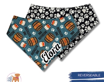 Distillery Dog Reversible Bandana: Black & White Paws, Personalized Cotton Snap On Pet Scarf