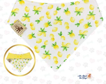 Lemon Print Pet Bandana | Reversible Snap-On Yellow Dog Scarf