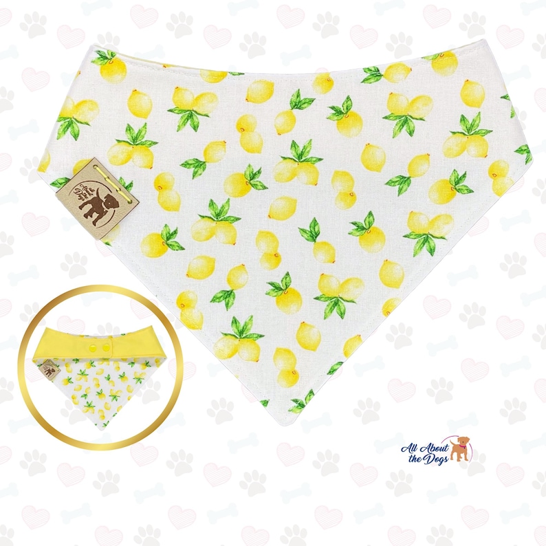 Pu&ograve; includere: Bandana bianca per cani con un motivo ripetuto di limoni gialli e foglie verdi. La bandana ha una forma triangolare e una piccola etichetta con un logo di orso marrone. Una bandana pi&ugrave; piccola, gialla e bianca, &egrave; mostrata in un cerchio dorato.