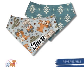 Reversible Dog Bandana: Cowboy Dogs & Southwestern Print, Personalized Cotton Pet Scarf