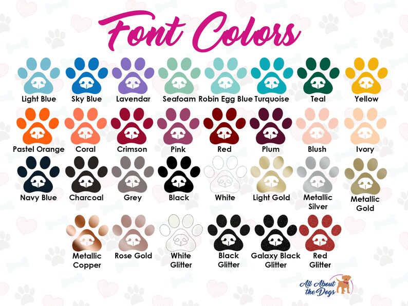 Pu&ograve; includere: Un grafico che mostra una variet&agrave; di impronte di zampe in diversi colori. Il testo "Font Colors" &egrave; in alto. I colori includono azzurro, blu cielo, lavanda e altro. L'angolo in basso a destra ha il testo "All About the Dogs".