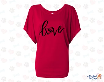 Paw Print Love | Women's Flowy Draped Sleeve | Custom T-Shirt | Dog Shirt | Personalized Dog Shirt | Dog Lover T-Shirt
